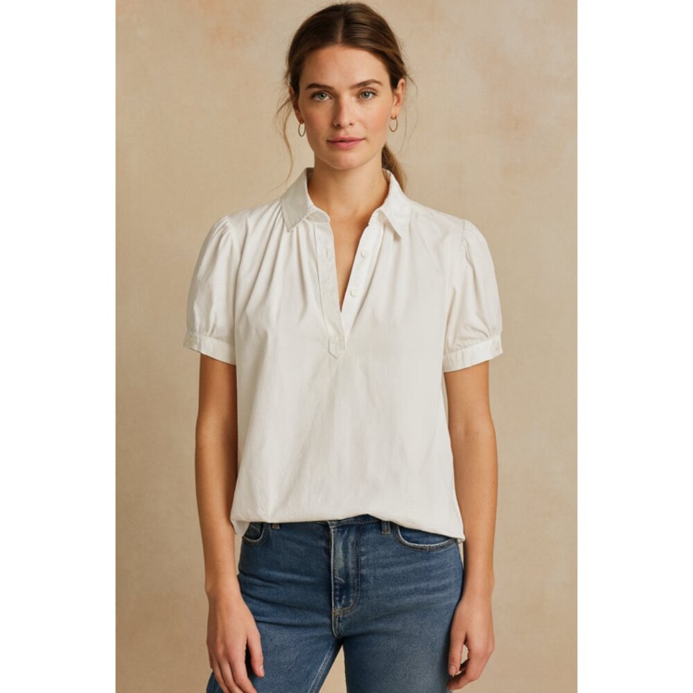 Tory Burch White 100% Cotton Short Puff Sleeve Blouse SZ 8 Classic Button Front